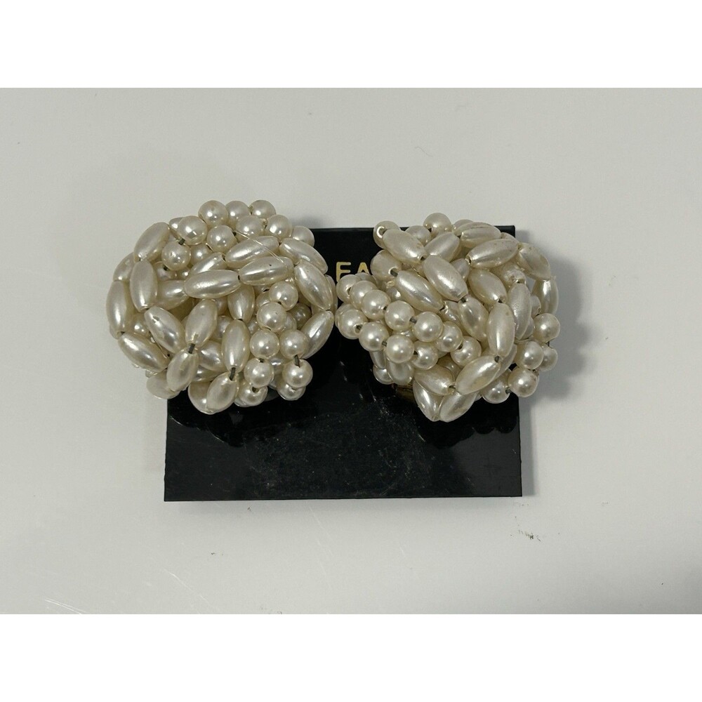 Vintage Earrings Faux Rice Pearl Cluster Clip On Silver Tone Backing Unsigned